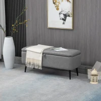 HOMCOM Bancă cu spațiu de depozitare, bancă tapițată cu aspect de in, cutie de depozitare cu picioare din oțel 102 x 40 x 44 cm, Gri(m-2)