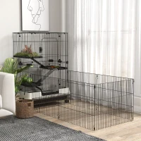 PawHut Cușcă pentru animale mici rulantă 3 platforme demontabile 3 rampe tavă inferioară detașabilă metal PP negru(m-6)