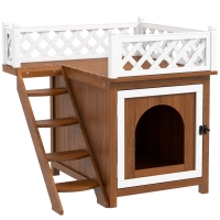 PawHut Casă pentru pisici, cu două nivele, cu balcon și scară, pentru interior și exterior, pentru pisici și iepuri, lemn de brad, Maro