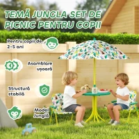 AIYAPLAY Masă de Picnic pentru Copii, Set Masă și Două Scaune Pliabile cu Umbrelă Demontabilă, Tematică Jungle, Mobilier de Exterior pentru Grădină, Terasă, Verde(m-4)