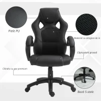 HOMCOM Scaun pentru birou,cu roti rotative la 360°, scaun gaming, inaltimea reglabila, Negru(m-4)