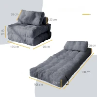 3-In-1 Convertible Corduroy Sofa Bed with Anti-Shift Buckle Straps, Versatile Folding Sofa Perfect for Reading, 105L x 90W x 82H cm, Dark Grey(m-3)