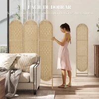HOMCOM Biombo Separador de Ambientes 3 Painéis 120x170 cm Painel de Privacidade Dobrável Boémio com Topo Arqueado Entrançado à Mão Madeira(m-7)