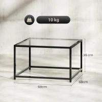 HOMCOM Măsuță pătrată noptieră cu blat din sticlă securizată, masă de cafea cu picioare din oțel 68 x 68 x 39 cm Negru(m-3)