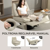 HOMCOM Poltrona Relax Reclinável Manual Giratória Função Baloiço Estofada em PU Reclinável até 135º 97x94x98 cm Creme(m-4)