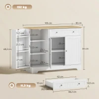 HOMCOM Küchenbuffet, Aufbewahrungsmöbel mit 3 Türen, Schublade, Türablagen und verstellbarem Fach, 105x40x83cm, weiß(m-3)