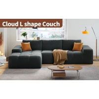 Soft L-Shaped Cloud Sofa with Premium Chenille and High-Resilience Foam, Shape-Retaining Seat with Armrests, 290L x 177W x 62H cm, Black(m-9)