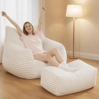Soft Bean Bag Chair with Footrest and High-Density Shredded Foam, Modular Ergonomic Sofa with Breathable Fabric, 117L x 98W x 75H cm, White(m-4)