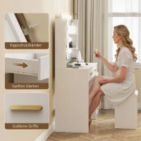 HOMCOM Kaptafel met verlichte spiegel en gestoffeerde kruk, make-upset met 6 lades en planken, wit(m-8)