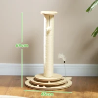 PawHut Copac de zgâriat pentru pisici, 69 cm, stâlp de zgâriat din sisal, traseu cu bile, minge de joacă, jucărie cu pană, design 4-în-1, alb crem(m-3)