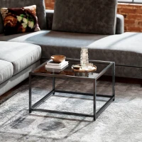 HOMCOM Măsuță pătrată noptieră cu blat din sticlă securizată, masă de cafea cu picioare din oțel 68 x 68 x 39 cm Negru(m-5)