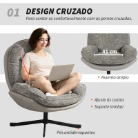 HOMCOM Poltrona Giratória Moderna com Base Cruzada Estofada em Chenille e Couro PU Assento Largo Duplo Pernas de Aço 78x95x99 cm Cinza(m-4)