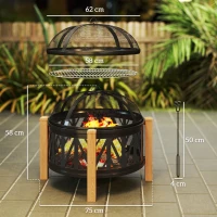 Outsunny Cuva pentru foc 2-in-1 Ø75 x 58 cm Vatră cu protecție la scântei Cârlig de întreținere Grătar Negru(m-3)