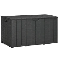 Outsunny Tuinbox 366 L kunststof dubbelwandig waterdicht kussenbox met wielen en handgrepen houtlook(m-1)