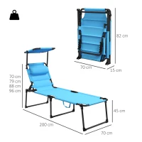 Outsunny Tumbona de Jardín con Toldo Ajustable Respaldo Regulable 4 Niveles Reposacabezas para Terraza 70x200x45 cm Azul Claro(m-3)