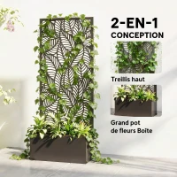 Outsunny Jardinière avec treillis, bac à fleurs en métal avec brise-vue, motif feuilles découpées, 45x21,5x110cm, noir(m-4)