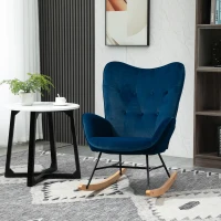 HOMCOM Fotoliu balansoar, rocking chair, fotoliu pentru alăptare confortabil cu structură din lemn masiv și metal pentru Living, Dormitor, Balcon, Catifea albastră(m-6)