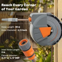 Outsunny Retractable Hose Reel Wall Mounted, 30+2m Garden Hose Pipe Reel with Auto Retraction, Self-Locking, Orange(m-4)
