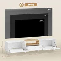 HOMCOM Comodă TV 200 cm pentru televizoare până la 228,6 cm, 2 compartimente rabatabile, spațiu deschis, sertar, 8 picioare, placă aglomerată, alb(m-3)