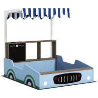 AIYAPLAY Ladă de nisip cu copertină, design magazin alimentar, bancă, tablă de scris, lemn de brad, 104H x 108L x 90B cm, Albastru(m-1)