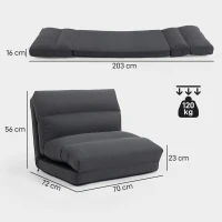 HOMCOM Fotoliu cu funcție de pat, spătar înclinat, pliabil, până la 120 kg, 70 x 72 x 56 cm, Gri închis(m-3)