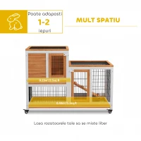 PawHut Cușcă pentru Iepuri din Lemn de Brad cu Roți, Tăvi Detașabile și Căsuță cu Rampă, 110x50x88 cm, Gri și Alb(m-4)