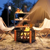 Outsunny Cuva pentru foc 2-in-1 Ø75 x 58 cm Vatră cu protecție la scântei Cârlig de întreținere Grătar Negru(m-5)