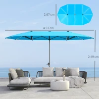 Outsunny Umbrelă dublă cu lumini solare, aluminiu, poliester, protecție UPF50+, rezistentă la UV, umbrelă pentru terasă, Albastru(m-3)