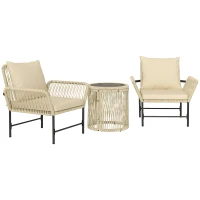 Outsunny Set mobilier de grădină din Polyrattan, mobilier outdoor pentru balcon pentru 2 persoane, 3 piese cu 2 scaune, măsuță laterală, perne(m-6)
