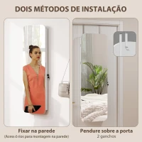 HOMCOM Espelho para Joias com Luz LED Montado na Parede ou na Porta com Fechadura Espelho de Corpo Inteiro 2 Gavetas Branco(m-7)