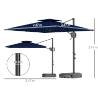 Outsunny Cantilever Parasol with Weighted Base Double Top Garden Parasol Square Hanging Patio Umbrella with Crank Tilt Dark Blue(m-3)