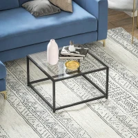 HOMCOM Măsuță pătrată noptieră cu blat din sticlă securizată, masă de cafea cu picioare din oțel 68 x 68 x 39 cm Negru(m-4)