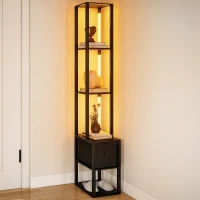 HOMCOM Floor Lamp with Shelves, LED Column Modern Standing Lamp with Fabric Drawer, Adjustable Brightness, Foot Switch for Living Room, Bedroom, Office, Black(m-10)