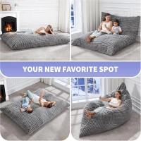 3-In-1 Convertible Bean Bag Chair with Corduroy Fabric, Memory Foam Lounger with Removable, Washable Cover, 185L x 132W cm, Light Gray(m-5)