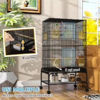 PawHut Colivie pentru Păsări 110 cm, Volieră pentru Perusi, Nimfe, Canari, Agapornis, Cinteze cu Roți, 4 Recipiente, Jucării, Tavă Detașabilă, Raft, Negru(m-4)