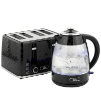 HOMCOM 1,7L 2200W snelkokende waterkoker en 4-sleuven-toasterset met kalkfilter, zwart(m-1)