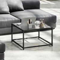 HOMCOM Măsuță pătrată noptieră cu blat din sticlă securizată, masă de cafea cu picioare din oțel 68 x 68 x 39 cm Negru(m-2)