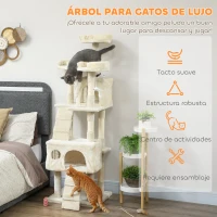 PawHut Árbol Rascador para Gatos Árbol para Gatos 153 cm con 2 Cuevas 3 Camas 2 Rampas Postes de Sisal Ratones Colgantes Crema(m-4)