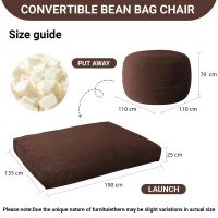 2-In-1 Convertible Bean Bag Chair Bed with Removable Machine-Washable Cover, Giant sofa with Soft Liner, 110L x 110W x 70H cm, Brown(m-3)