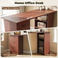 HOMCOM Computer Desk, Writing Table, PC Workstation with 3 Storage Shelves and Drawers, Handle, for Home Office, Walnut Brown(m-4)