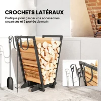 Outsunny Range-bûches porte bûche en acier avec 2 crochets et étagère inférieure pour intérieur et extérieur 45 x 32 x 58 cm noir(m-5)