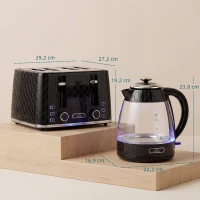 HOMCOM 1,7L 2200W snelkokende waterkoker en 4-sleuven-toasterset met kalkfilter, zwart(m-3)