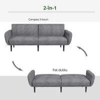 HOMCOM Canapea Extensibilă cu Spătar Rabatabil pe 3 Niveluri și 3 Locuri, Canapea Modernă din Material și Lemn, 208x84x82 cm(m-6)