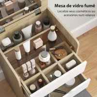 HOMCOM Toucador de Maquilhagem 3 em 1 com Espelho Rebatível 3 Gavetas e Banco Acolchoado 50x40x78 cm Carvalho e Branco(m-7)