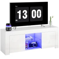 HOMCOM Dulap TV cu iluminare LED, 2 uși, raft din sticlă, orificii pentru cabluri, pentru living, placă aglomerată, Alb(m-7)
