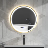 HOMCOM Oglindă rotundă de baie cu lumini LED, oglindă de baie cu funcție anti-aburire, operare tactilă, display(m-2)