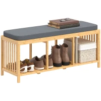 HOMCOM Bamboo Shoe Bench, Entryway Storage Bench with Padded Cushion and Open Shelf, Natural Wood Finish(m-10)