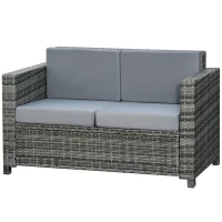 Canapea Outsunny din poly-rattan cu perne, canapea lounge de grădină 2 locuri metal poliester gri 130 x 70 x 80 cm(m-5)