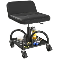 HOMCOM Scaun de atelier cu roți spațiu depozitare, 58,5 cm înălțime, scaun rulant până la 135 kg Negru(m-7)