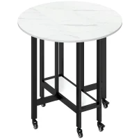 HOMCOM Folding Dining Table, Drop Leaf Table with Open Shelf, Rolling Kitchen Table for Dining Room, Small Spaces, White Marble(m-1)